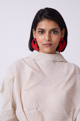 Red leather women's earrings with distinctive orchid-link metal petal